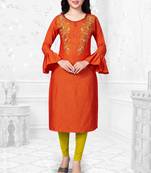 Orange embroidered rayon long-kurtis