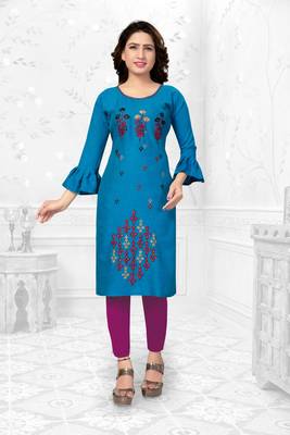Blue embroidered rayon long-kurtis 1