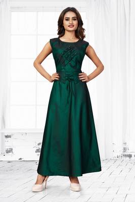 Green embroidered satin long-kurtis 1
