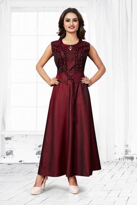 Maroon embroidered satin long-kurtis 1
