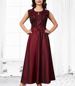 Maroon embroidered satin long-kurtis