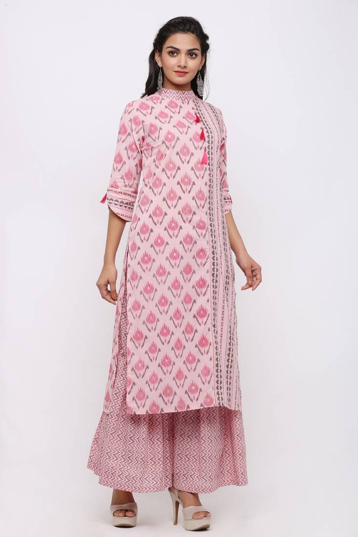 Women's Cotton Ikat Printed Straight Pink Kurta Sharara Set Jaipur