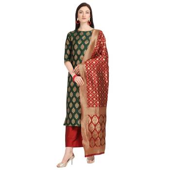 green banarasi cotton unstitched salwar with dupatta 1