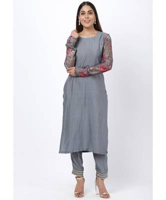 Gray Printed Churidar Sleeves Kurti with Straight Pants 1