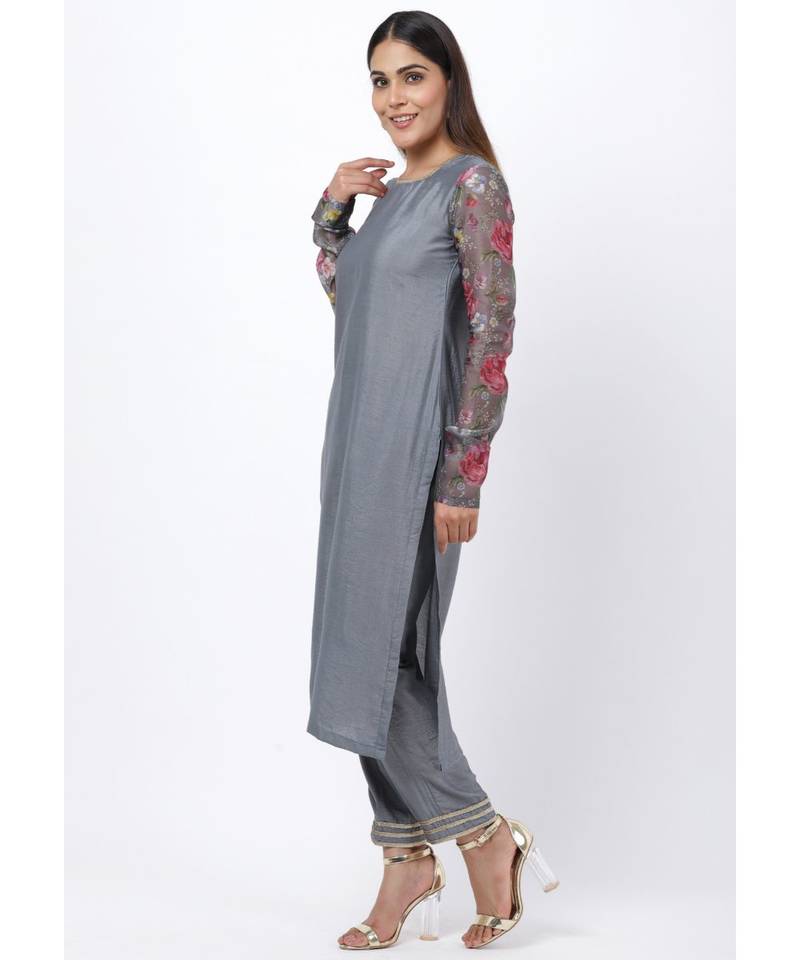Gray Printed Churidar Sleeves Kurti with Straight Pants