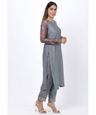 Gray Printed Churidar Sleeves Kurti with Straight Pants 3