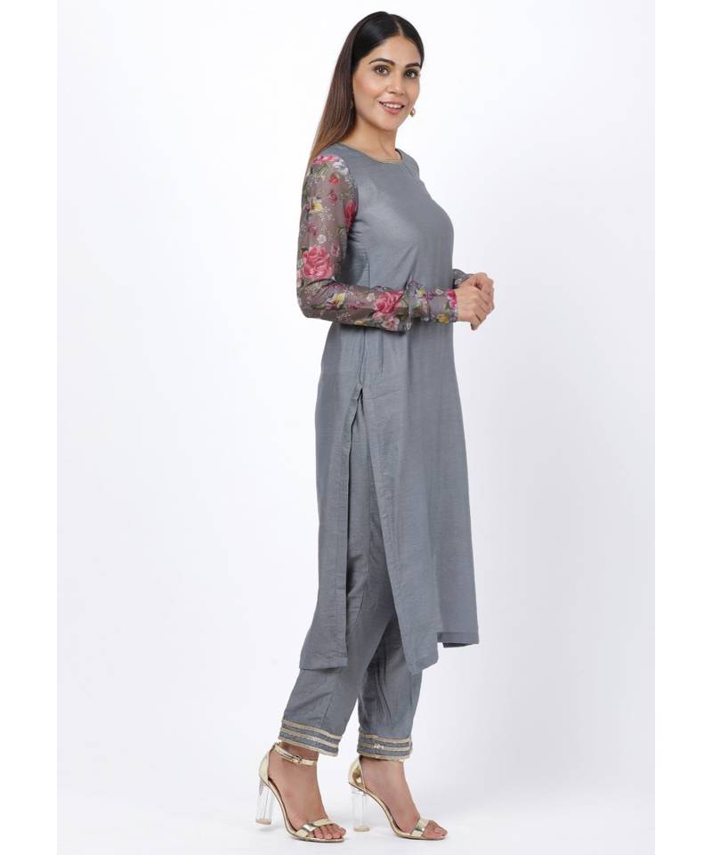 Gray Printed Churidar Sleeves Kurti with Straight Pants