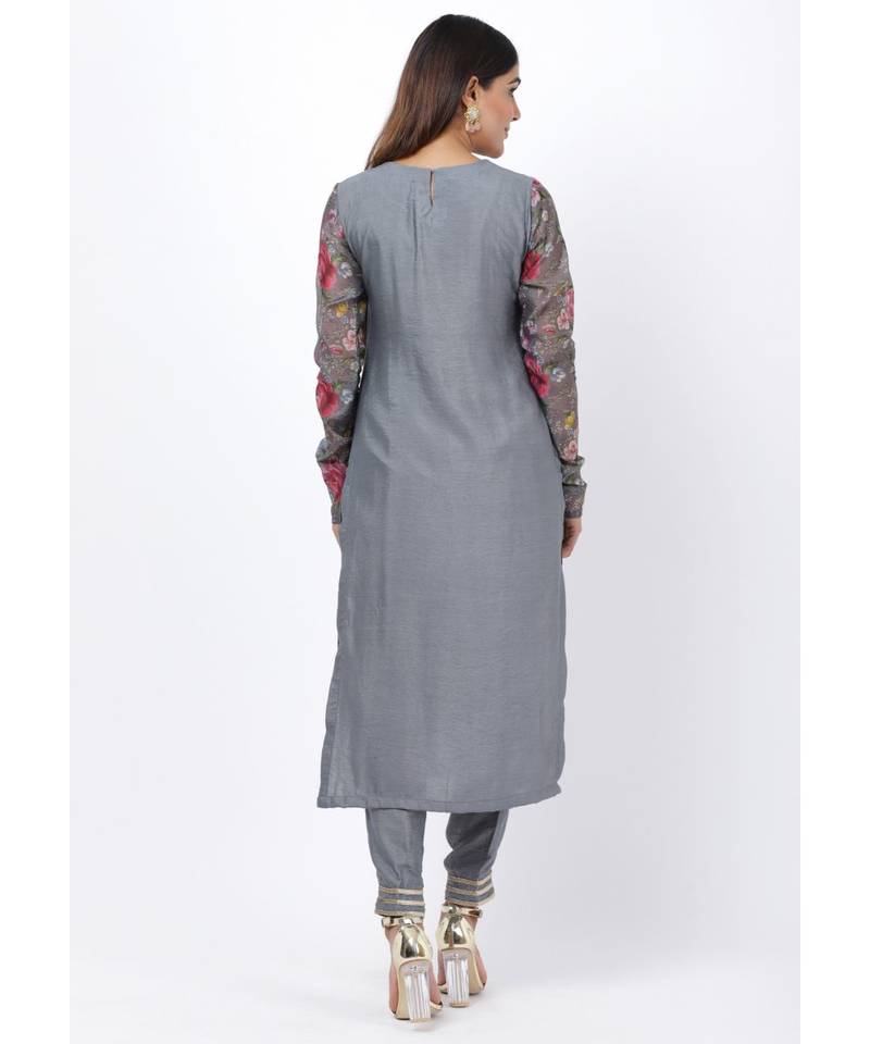 Gray Printed Churidar Sleeves Kurti with Straight Pants