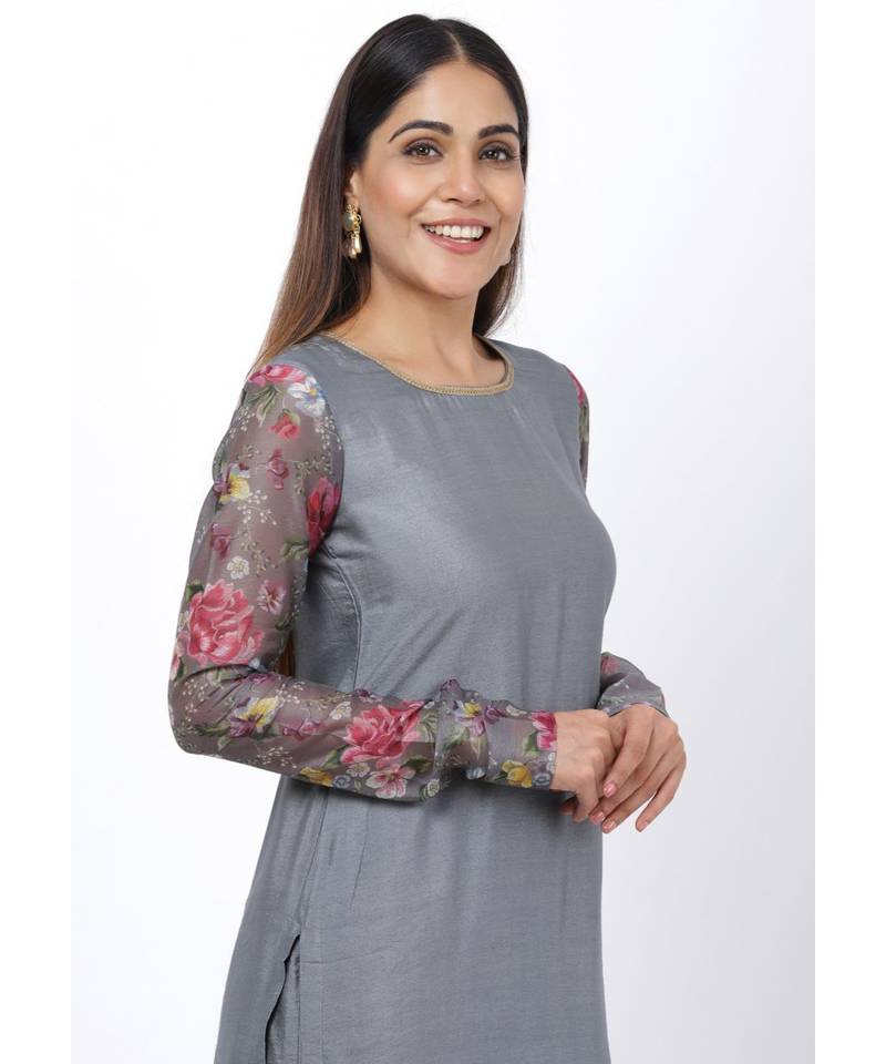 Gray Printed Churidar Sleeves Kurti with Straight Pants