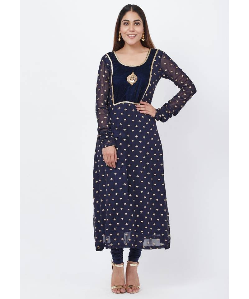 Navy Blue Sequence Anarkali with Churidaar