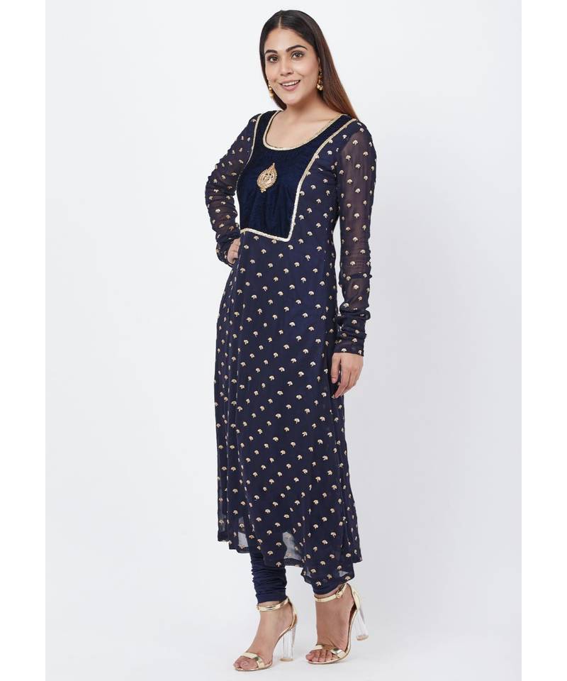 Navy Blue Sequence Anarkali with Churidaar