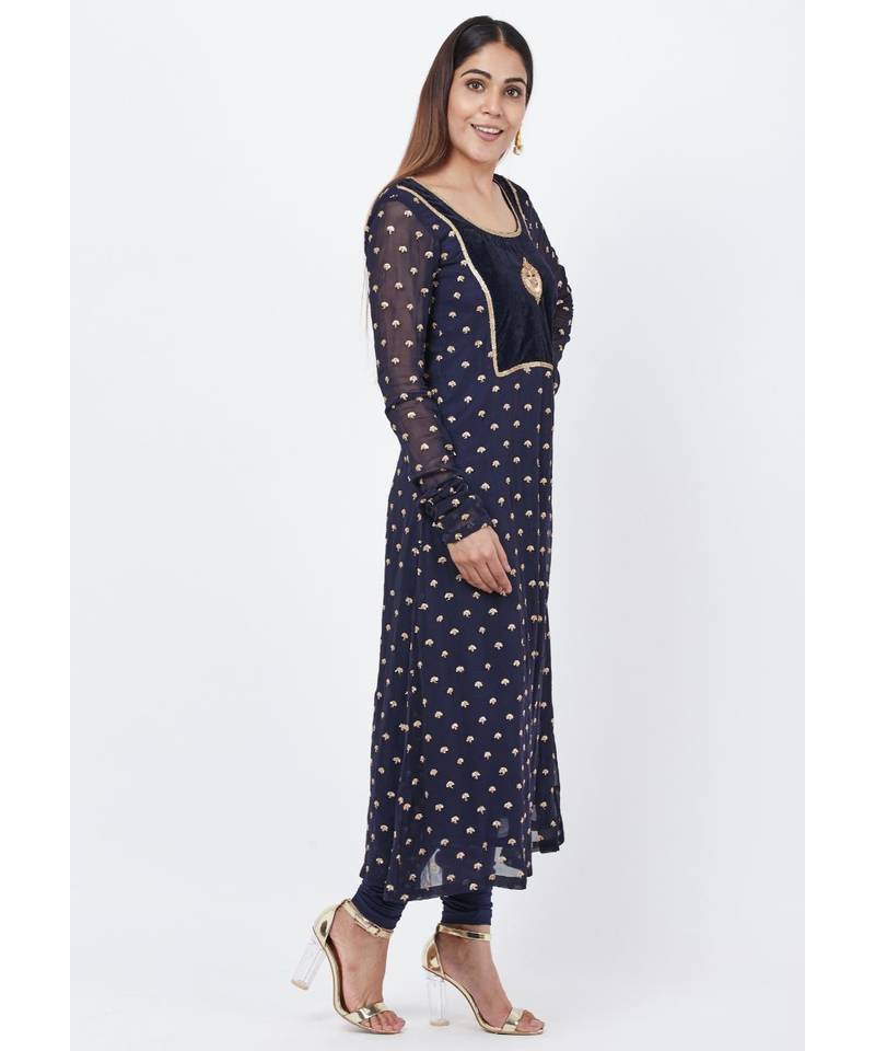 Navy Blue Sequence Anarkali with Churidaar
