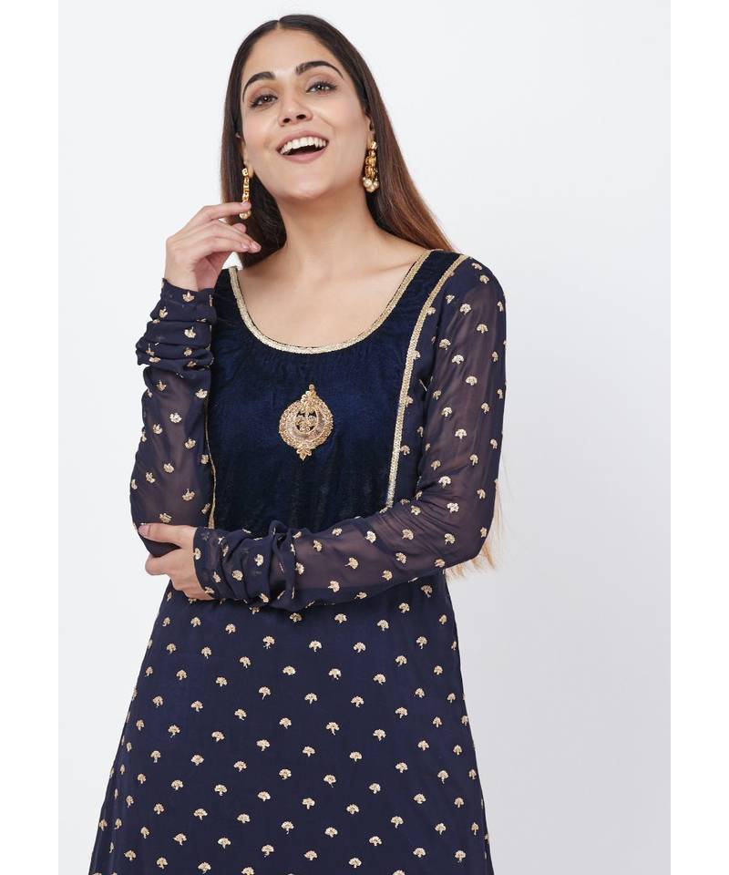 Navy Blue Sequence Anarkali with Churidaar