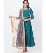 Teal Blue Floral Printed Anarkali with Churidaar and Peach Kundan Dupatta