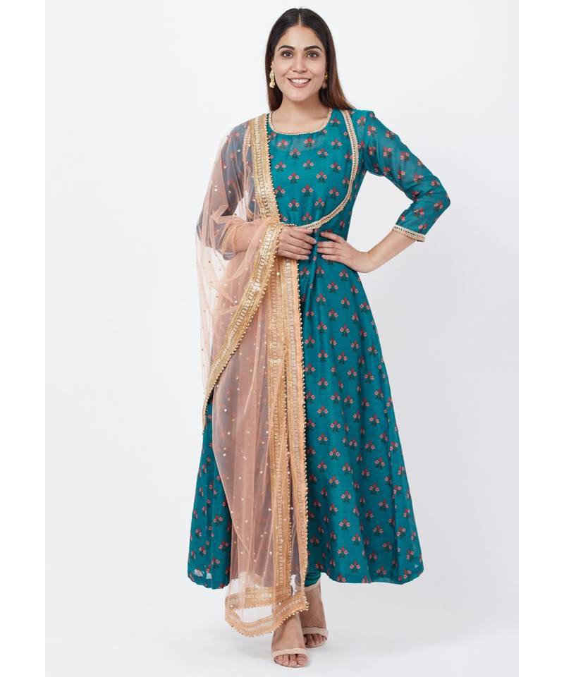 Teal Blue Floral Printed Anarkali with Churidaar and Peach Kundan Dupatta