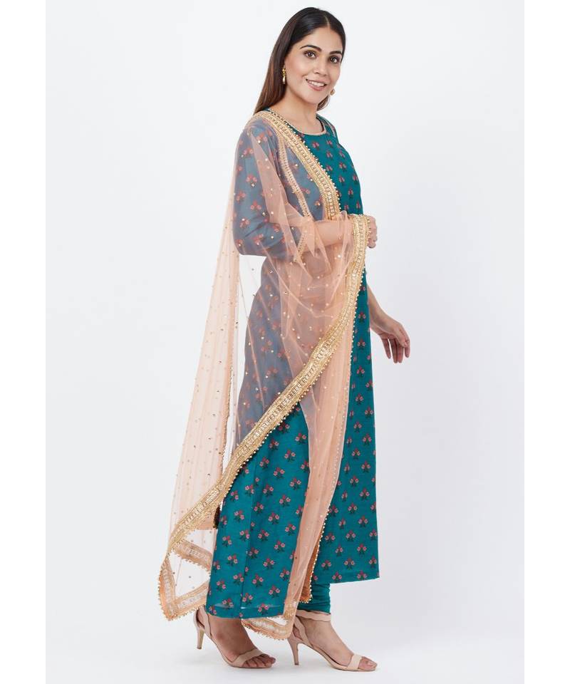 Teal Blue Floral Printed Anarkali with Churidaar and Peach Kundan Dupatta