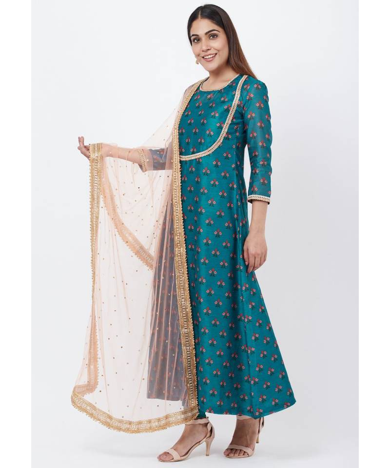Teal Blue Floral Printed Anarkali with Churidaar and Peach Kundan Dupatta