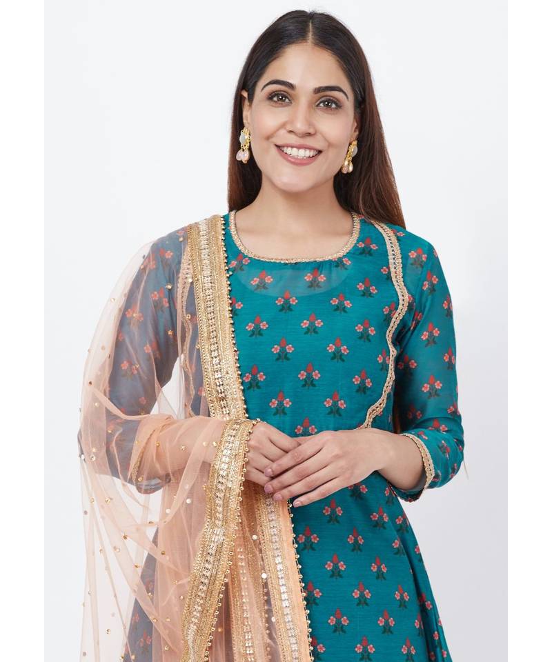 Teal Blue Floral Printed Anarkali with Churidaar and Peach Kundan Dupatta