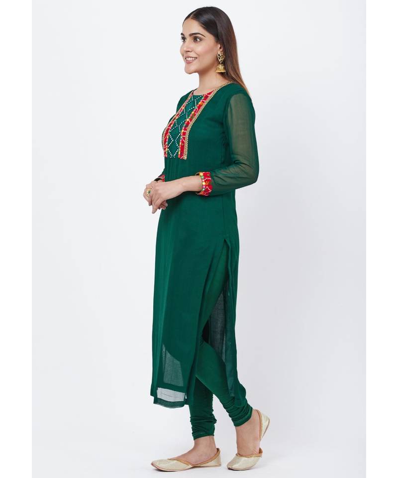 Emerald Green Georgette Mirror Kurti with churidaar