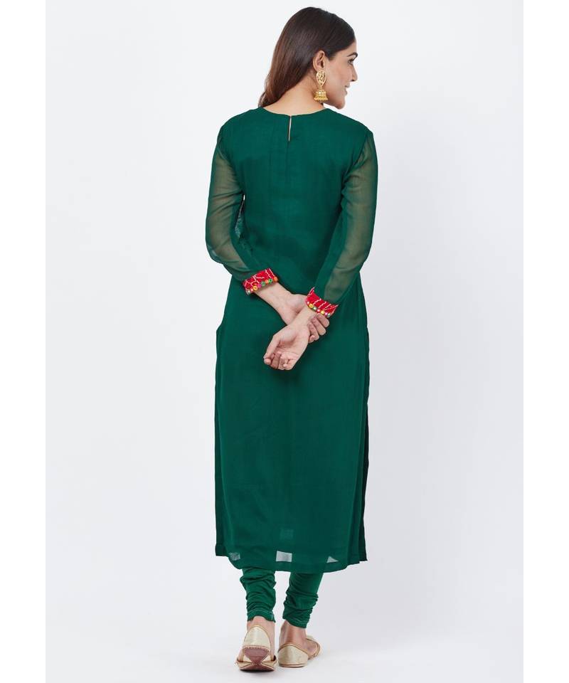 Emerald Green Georgette Mirror Kurti with churidaar