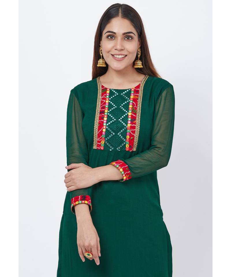 Emerald Green Georgette Mirror Kurti with churidaar