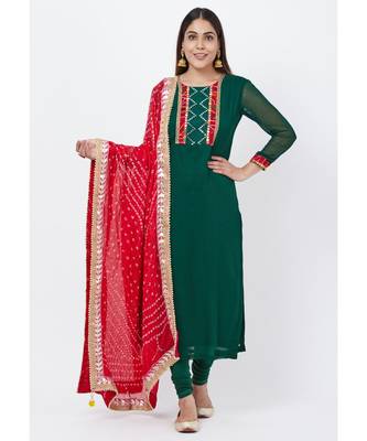 Emerald Green Georgette Mirror Kurti with churidaar and Bandhani Dupatta 1