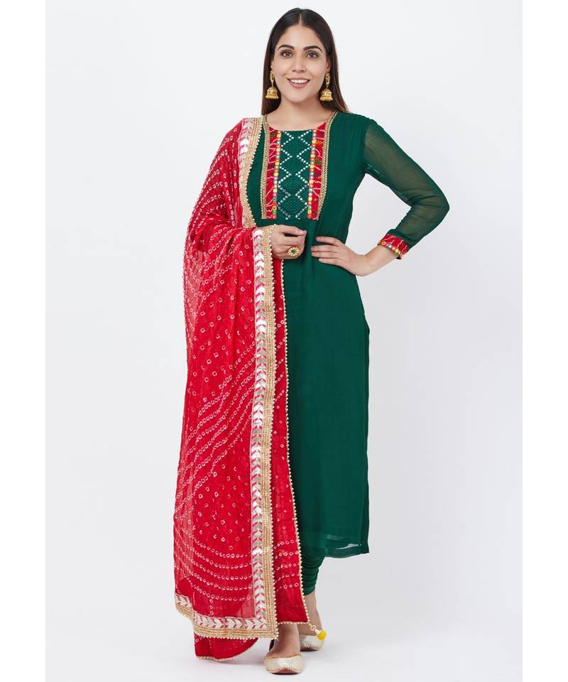 Emerald Green Georgette Mirror Kurti with churidaar and Bandhani Dupatta