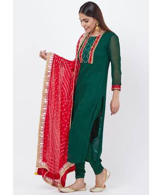 Emerald Green Georgette Mirror Kurti with churidaar and Bandhani Dupatta 3