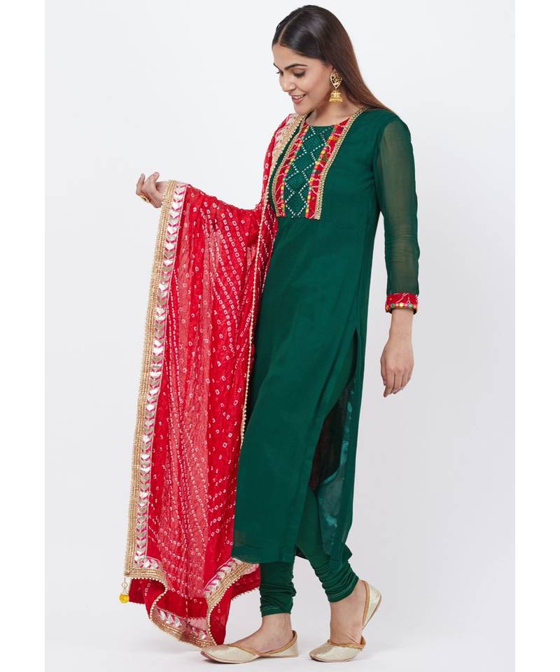 Emerald Green Georgette Mirror Kurti with churidaar and Bandhani Dupatta