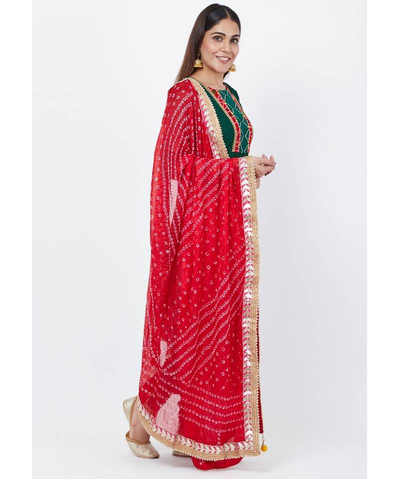 Emerald Green Georgette Mirror Kurti with churidaar and Bandhani Dupatta