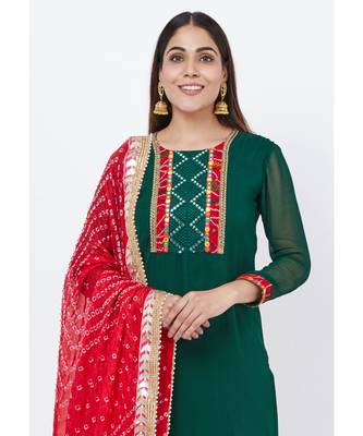 Emerald Green Georgette Mirror Kurti with churidaar and Bandhani Dupatta 5