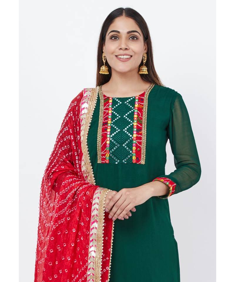 Emerald Green Georgette Mirror Kurti with churidaar and Bandhani Dupatta