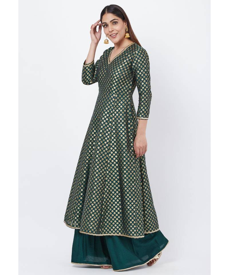 Emerald Green Brocade Anarkai with Kalidaar Palazzo