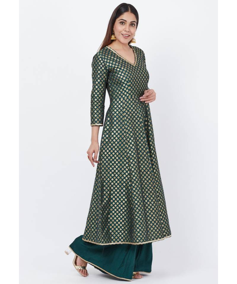 Emerald Green Brocade Anarkai with Kalidaar Palazzo