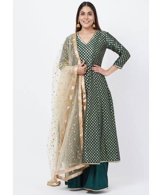Emerald Green Brocade Anarkai with Kalidaar Palazzo and Sequenced Dupatta 1
