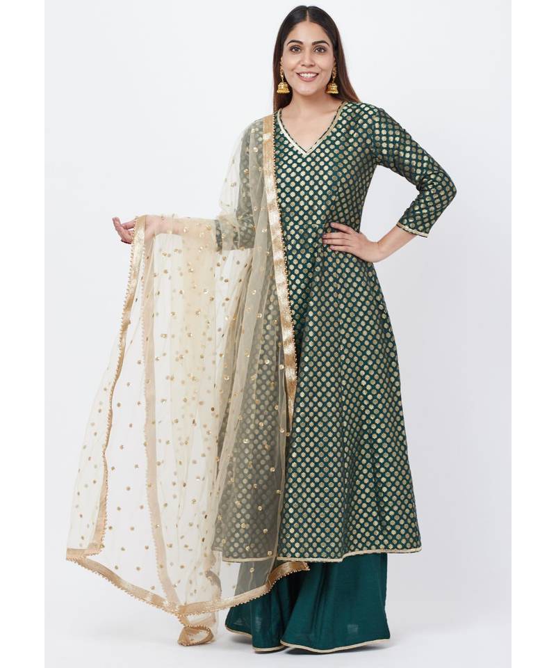 Emerald Green Brocade Anarkai with Kalidaar Palazzo and Sequenced Dupatta