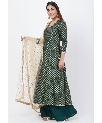 Emerald Green Brocade Anarkai with Kalidaar Palazzo and Sequenced Dupatta 3