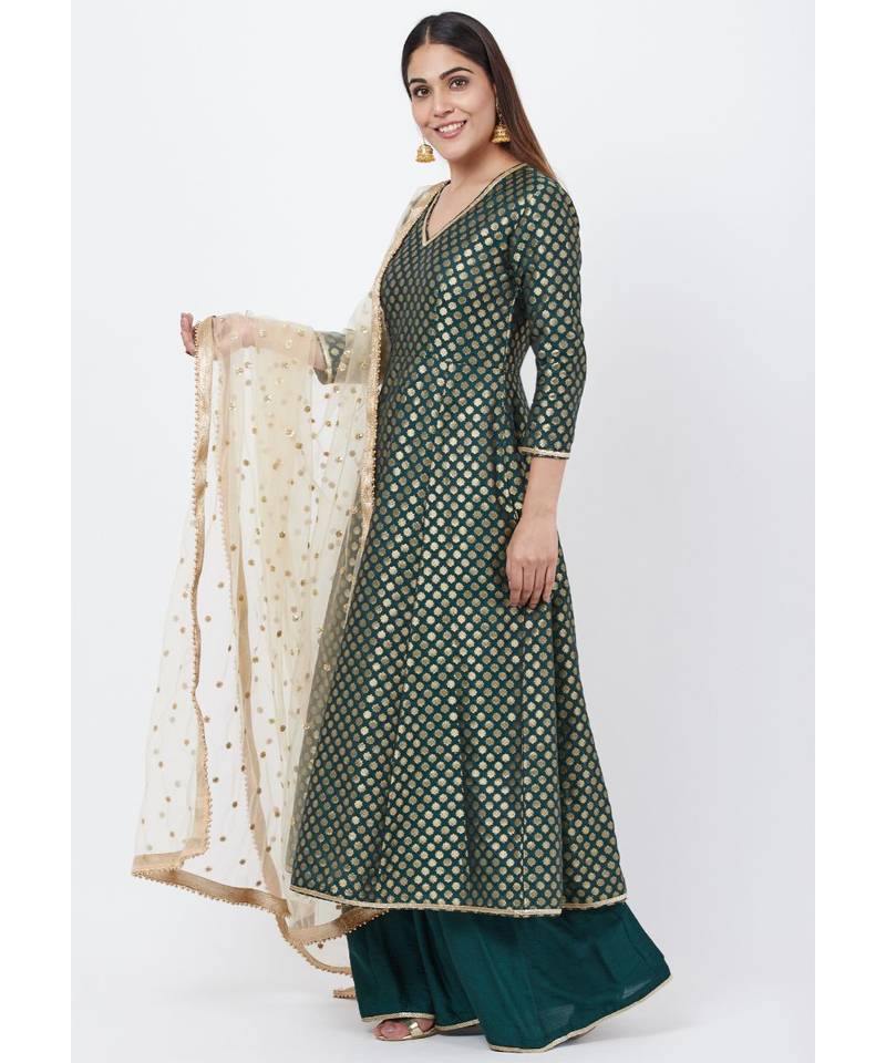 Emerald Green Brocade Anarkai with Kalidaar Palazzo and Sequenced Dupatta