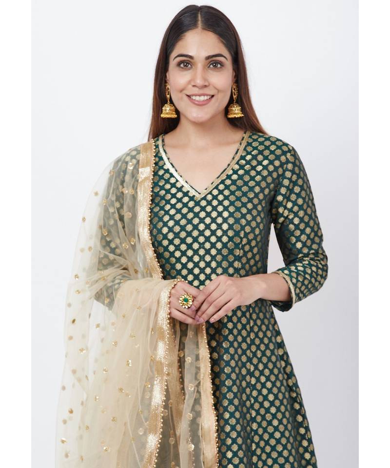 Emerald Green Brocade Anarkai with Kalidaar Palazzo and Sequenced Dupatta
