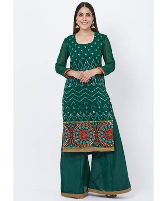 Forest Green Mirror Embroidered Kurti with Palazzo 1