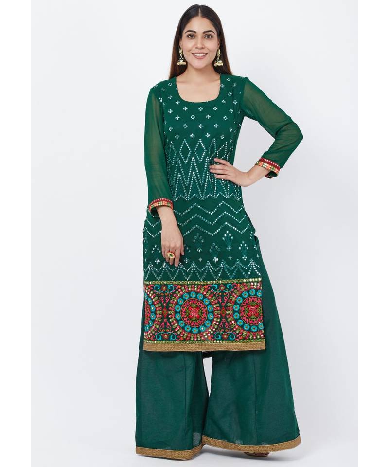 Forest Green Mirror Embroidered Kurti with Palazzo