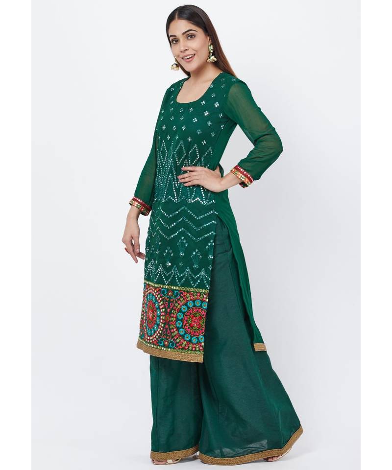 Forest Green Mirror Embroidered Kurti with Palazzo