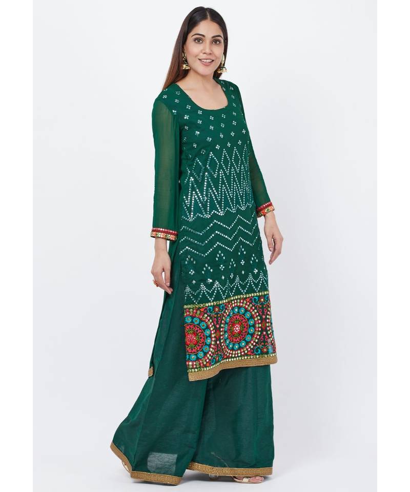 Forest Green Mirror Embroidered Kurti with Palazzo