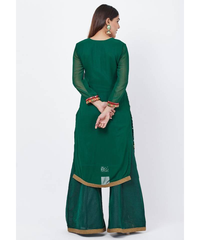 Forest Green Mirror Embroidered Kurti with Palazzo