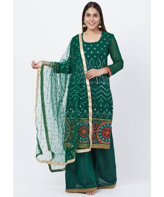Forest Green Mirror Embroidered Kurti with Palazzo and Sequenced Dupatta 1