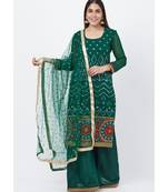 Forest Green Mirror Embroidered Kurti with Palazzo and Sequenced Dupatta
