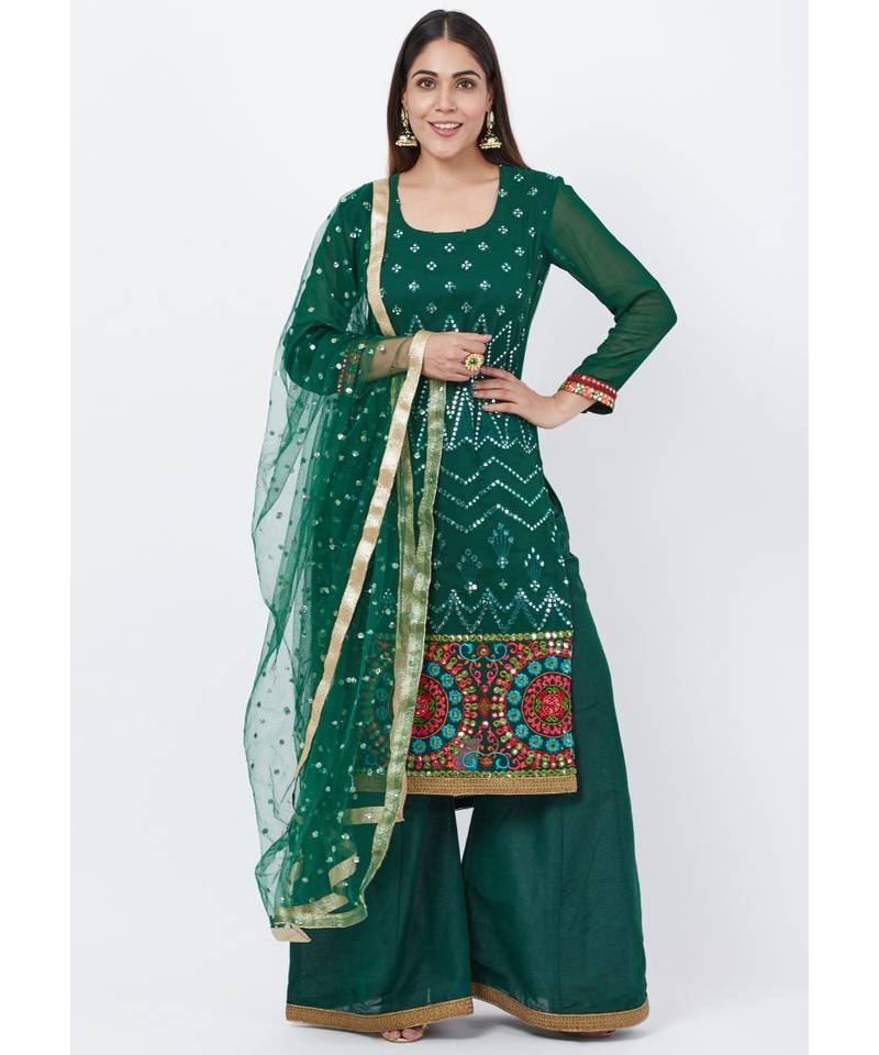 Forest Green Mirror Embroidered Kurti with Palazzo and Sequenced Dupatta