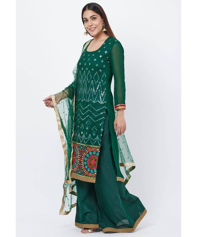 Forest Green Mirror Embroidered Kurti with Palazzo and Sequenced Dupatta