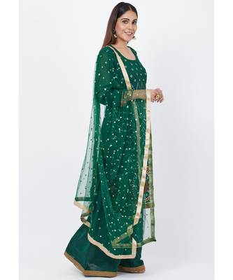 Forest Green Mirror Embroidered Kurti with Palazzo and Sequenced Dupatta 4