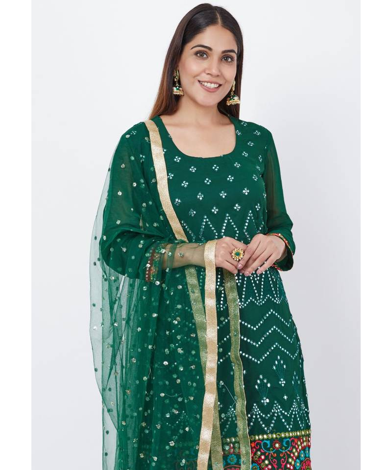 Forest Green Mirror Embroidered Kurti with Palazzo and Sequenced Dupatta